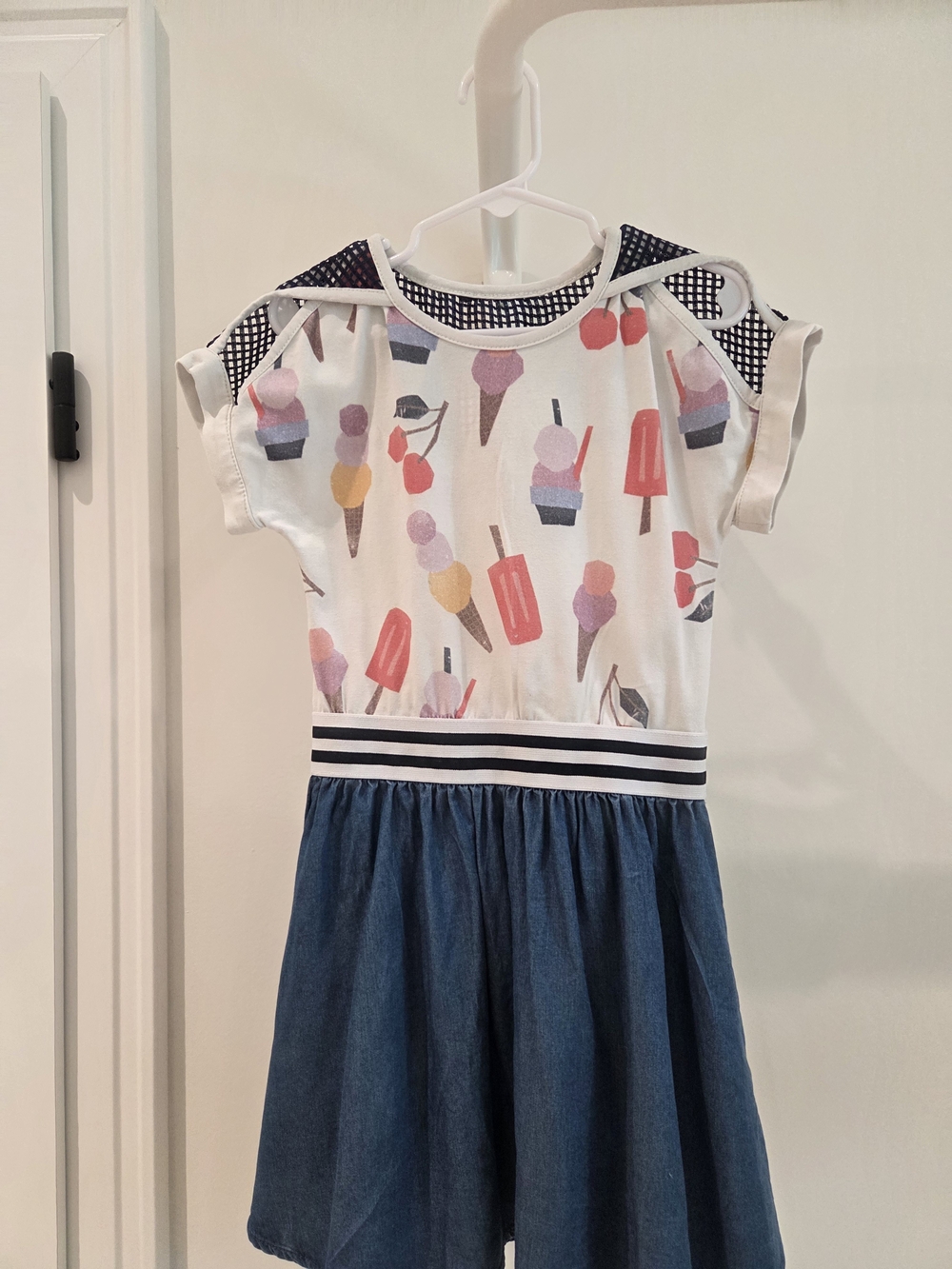 deux par deux White Tee & Blue Denim Skirt Dress with Multicolor Ice Cream Print